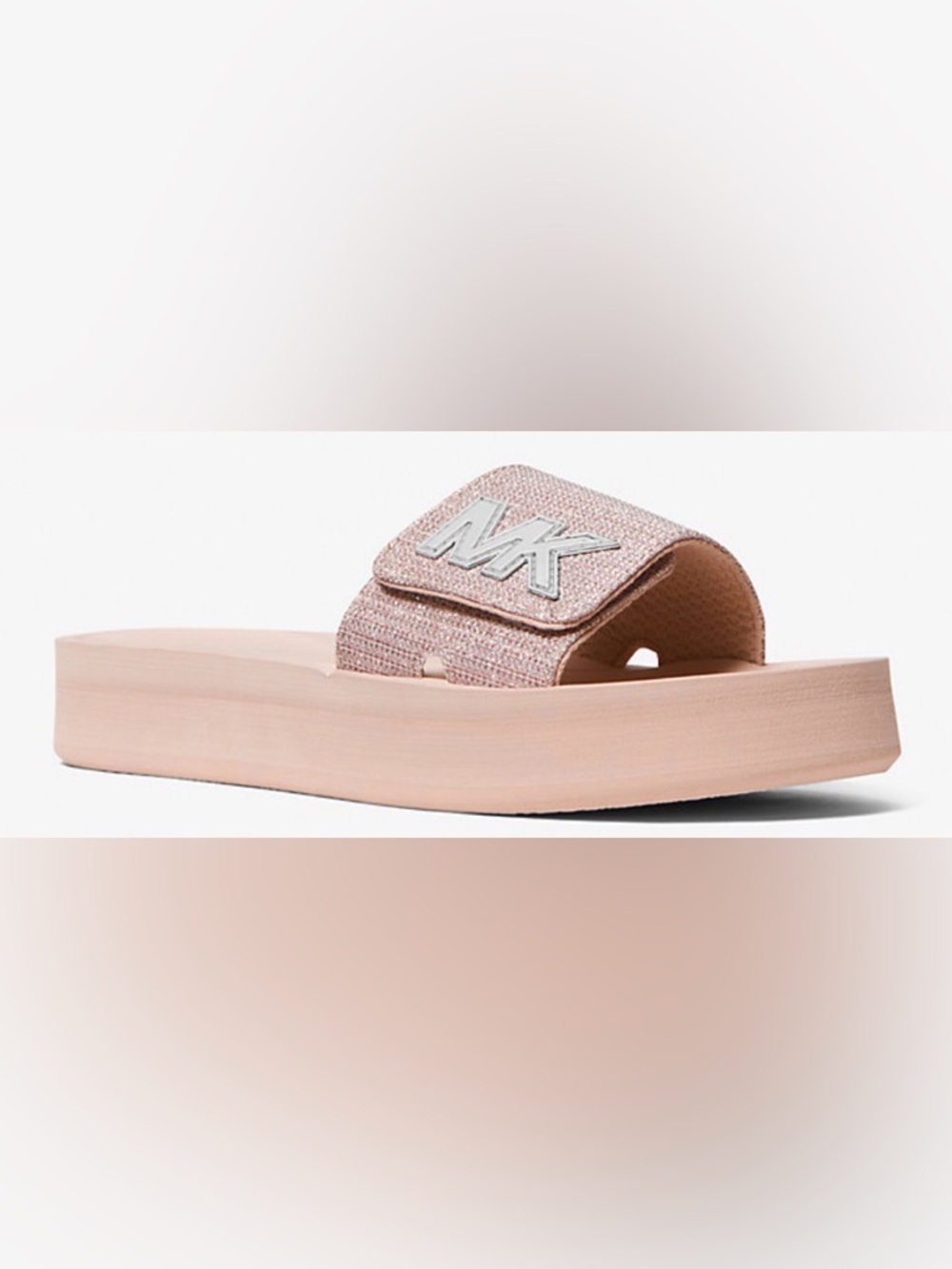 •MICHAEL KORS•NWT BLUSH PINK GLITTER MK LOGO VELCRO PLATFORM SLIDE SANDAL SIZE 7